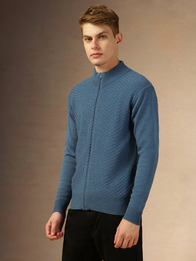 Men's Mid Blue Mock Neck Full Sleeves Slim Fit Pullover Sweater