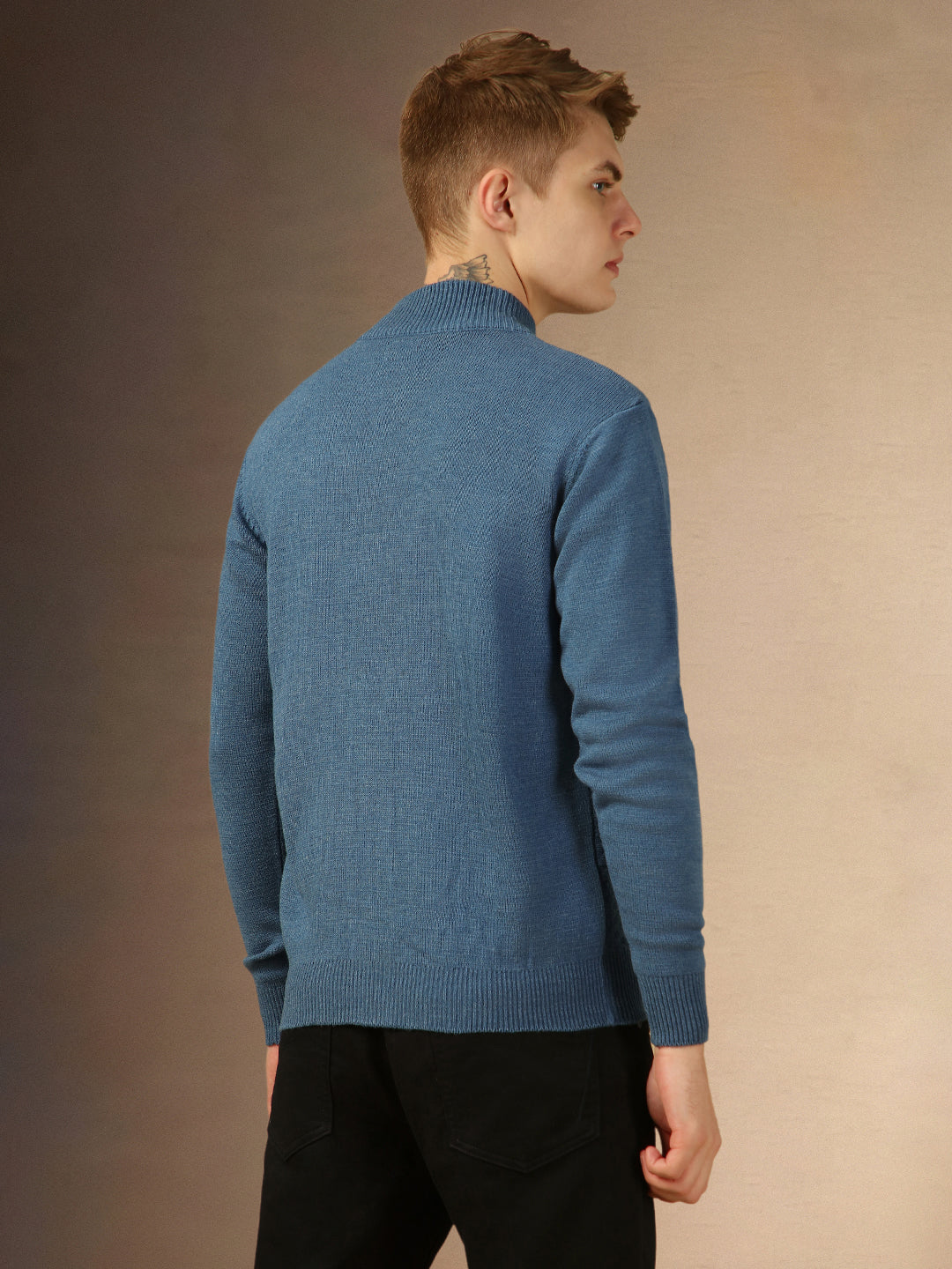 Men's Mid Blue Mock Neck Full Sleeves Slim Fit Pullover Sweater