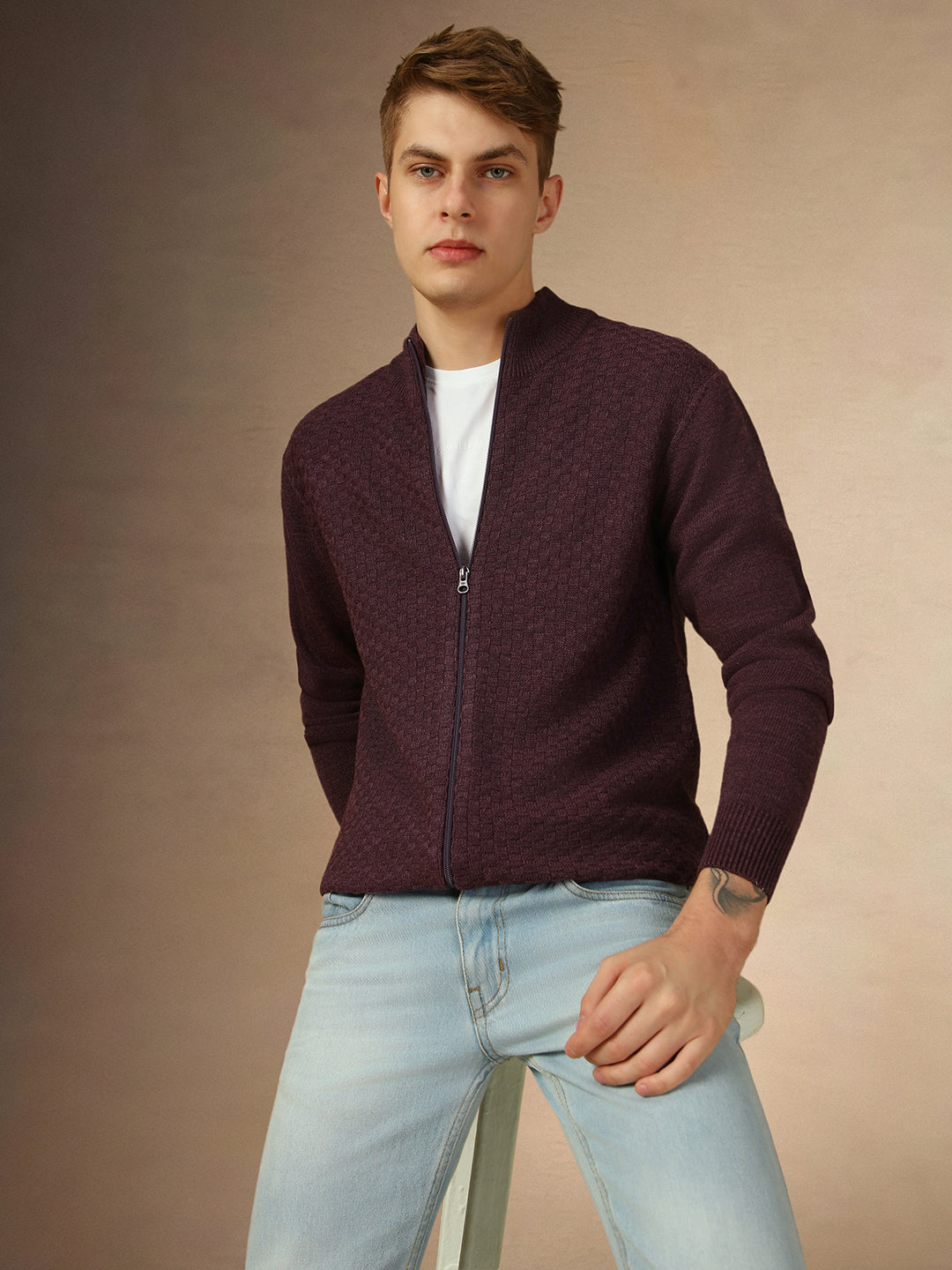 Men's Plum Mock Neck Full Sleeves Slim Fit Pullover Sweater