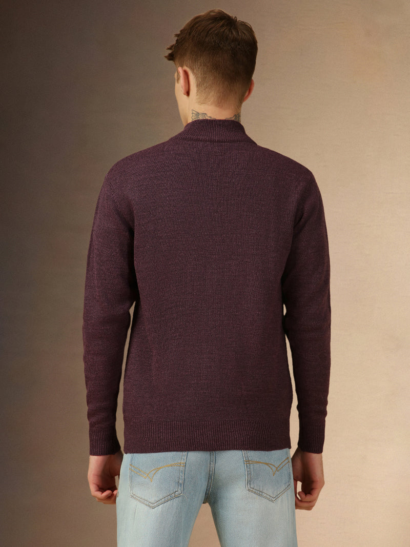 Men's Plum Mock Neck Full Sleeves Slim Fit Pullover Sweater