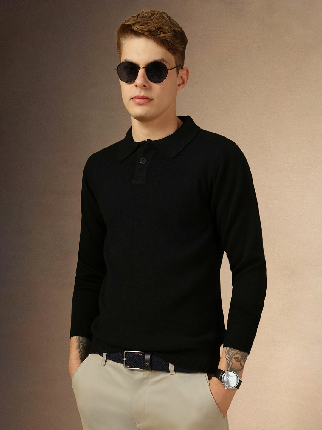 Men's Black Polo Collar Full Sleeves Slim Fit Pullover Sweater