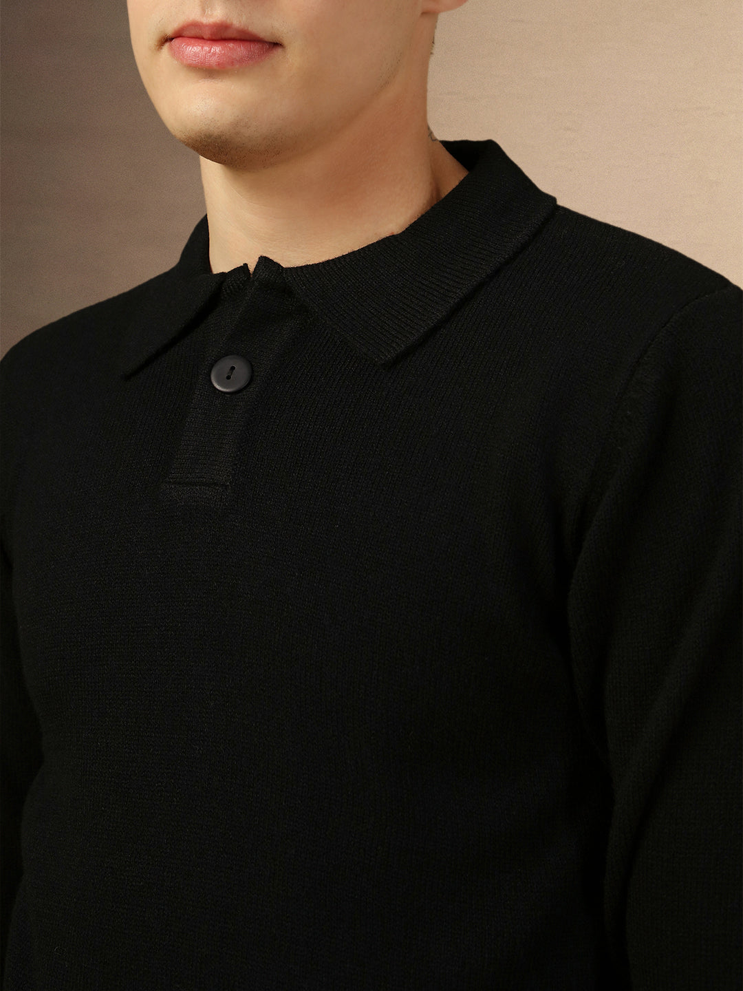 Men's Black Polo Collar Full Sleeves Slim Fit Pullover Sweater