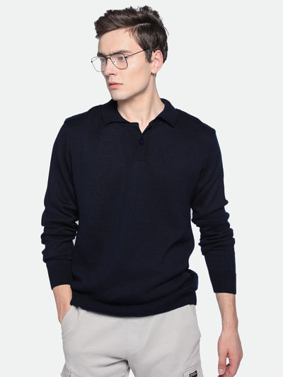 Men's Collar Regular Fit Solid Navy Sweater