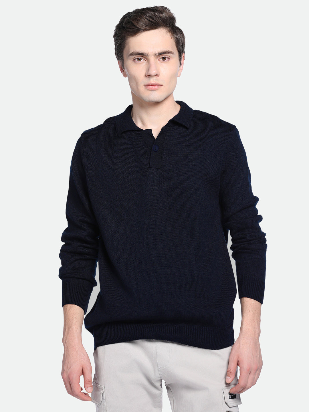 Men's Collar Regular Fit Solid Navy Sweater