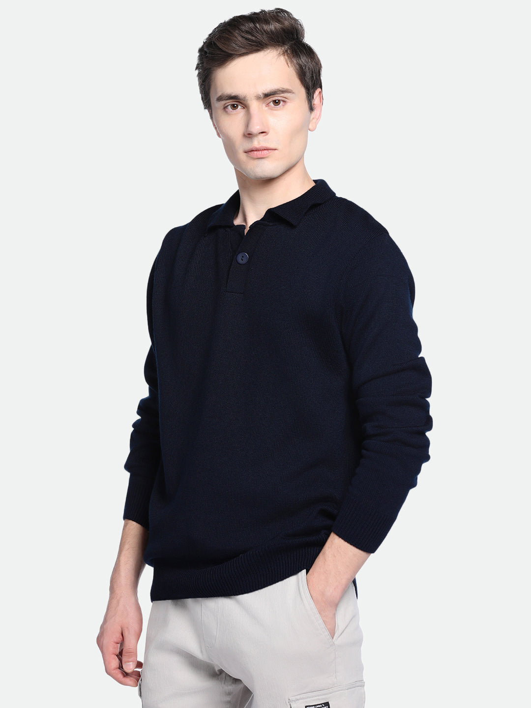 Men's Collar Regular Fit Solid Navy Sweater