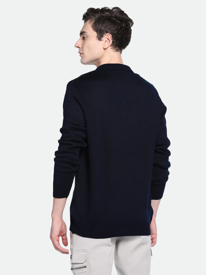 Men's Collar Regular Fit Solid Navy Sweater