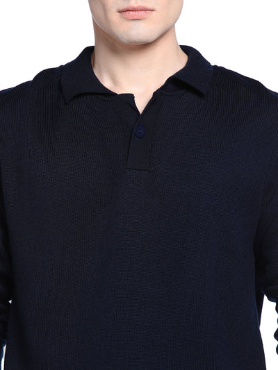 Men's Collar Regular Fit Solid Navy Sweater