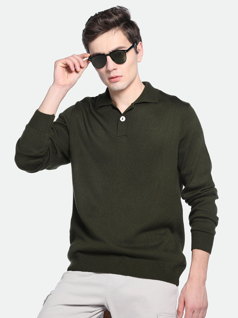 Men's Collar Regular Fit Solid Olive Sweater