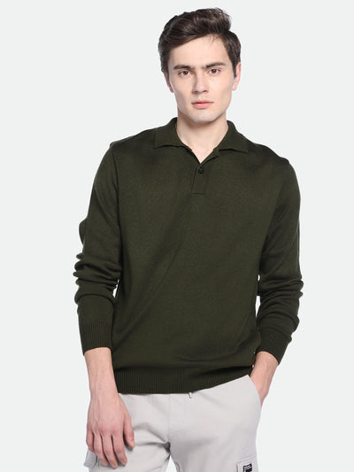 Men's Collar Regular Fit Solid Olive Sweater