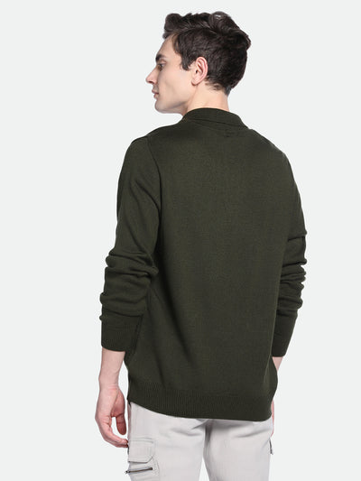 Men's Collar Regular Fit Solid Olive Sweater