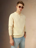 Men's Off White Polo Collar Full Sleeves Slim Fit Pullover Sweater