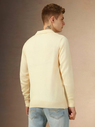 Men's Off White Polo Collar Full Sleeves Slim Fit Pullover Sweater