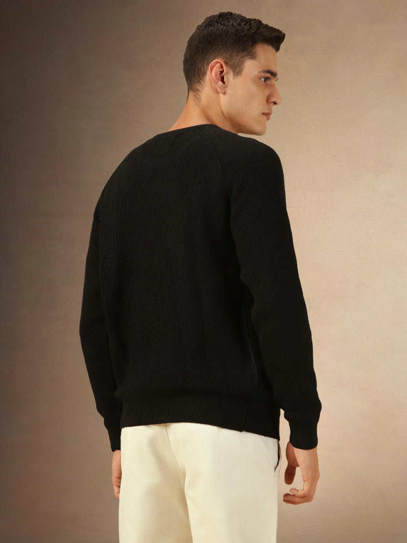 Men's Black Self Design Round Neck Full Sleeves Pullover Sweater