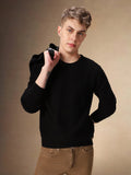 Men's Black Self Design Round Neck Full Sleeves Pullover Sweater