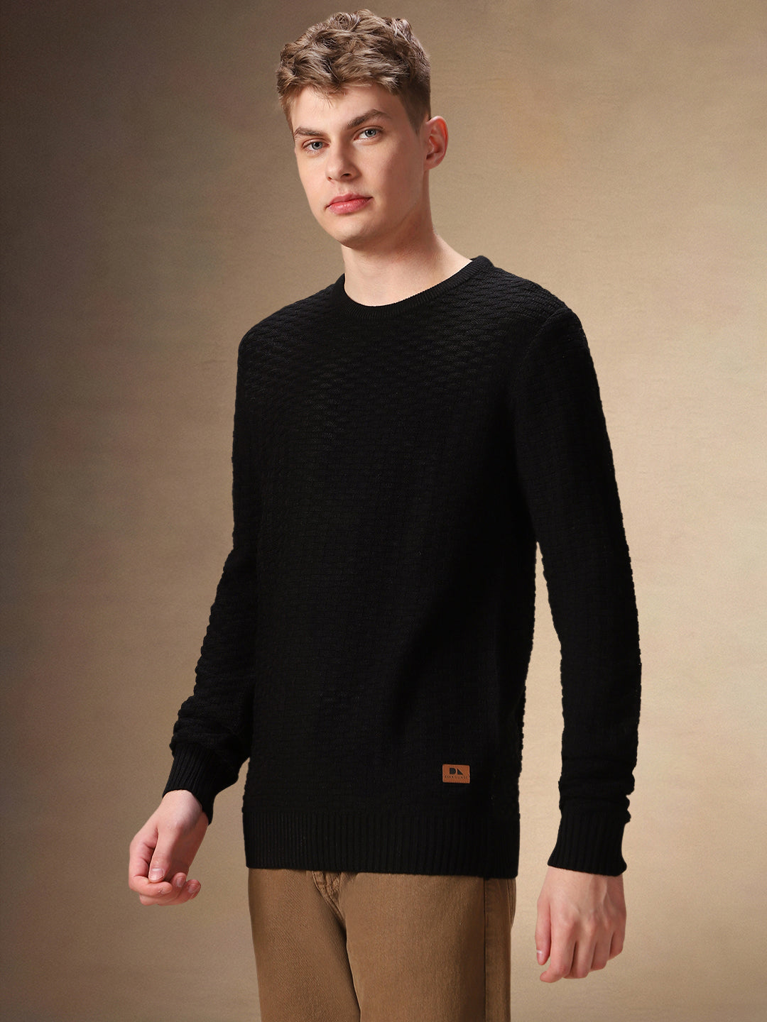 Men's Black Self Design Round Neck Full Sleeves Pullover Sweater