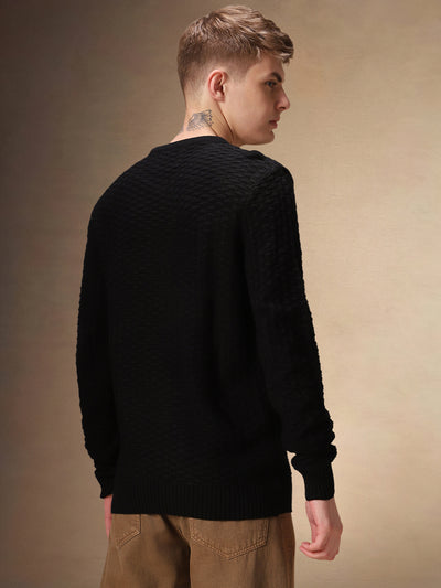 Men's Black Self Design Round Neck Full Sleeves Pullover Sweater