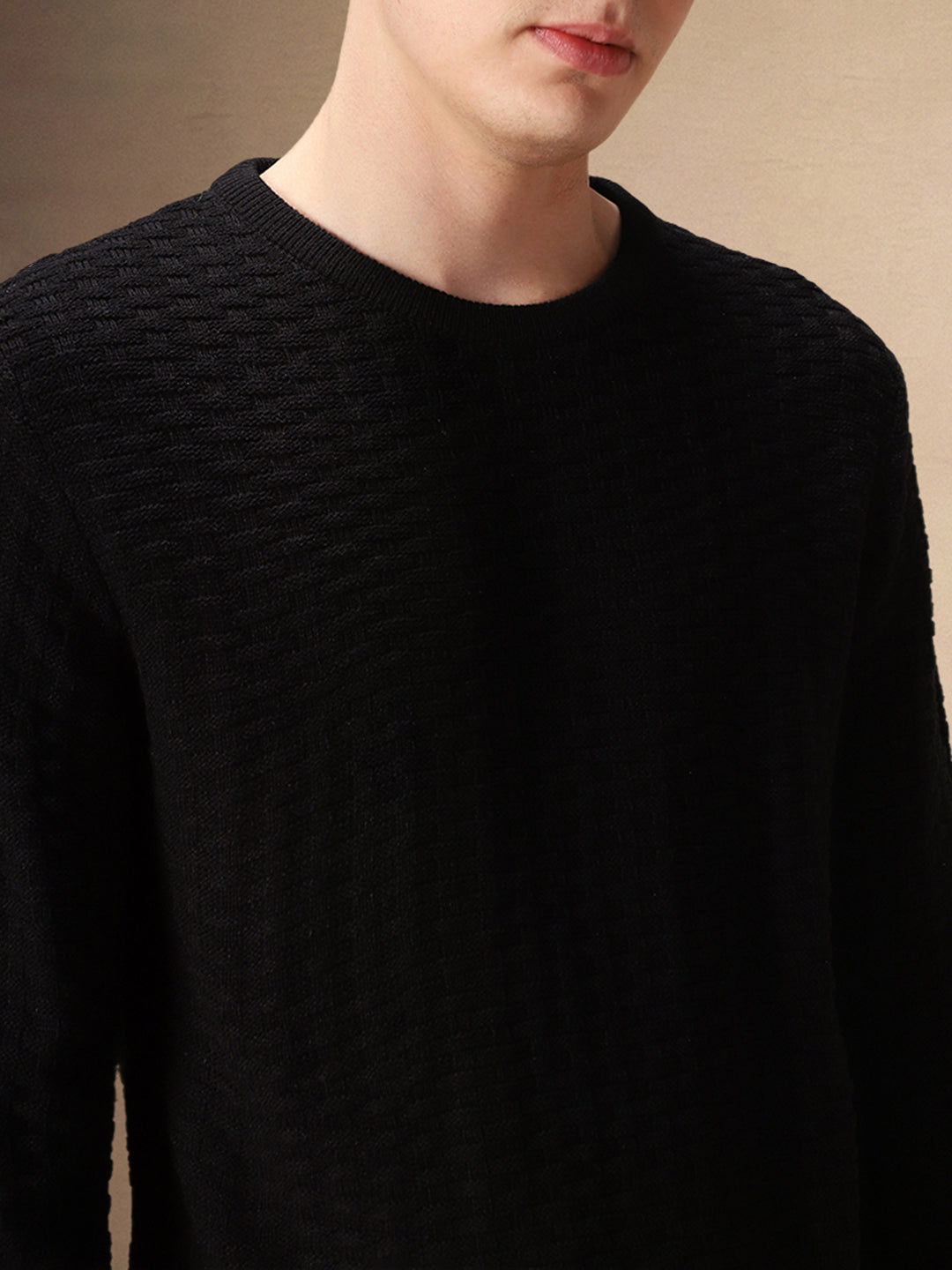 Men's Black Self Design Round Neck Full Sleeves Pullover Sweater