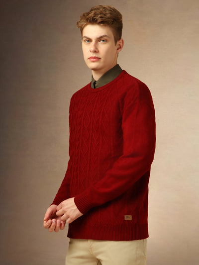 Men's Maroon Solid Crew Neck Full Sleeves Sweater