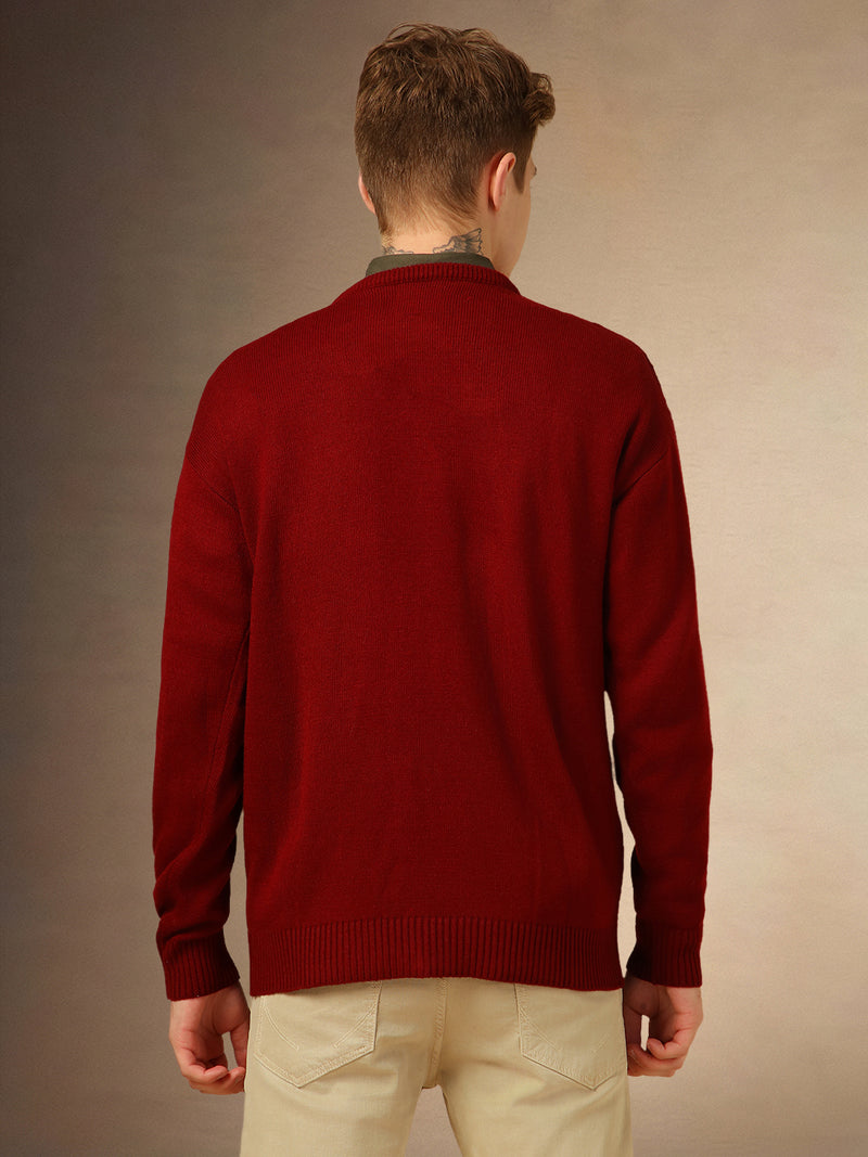 Men's Maroon Solid Crew Neck Full Sleeves Sweater