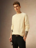 Men's Offwhite Solid Crew Neck Full Sleeves Sweater