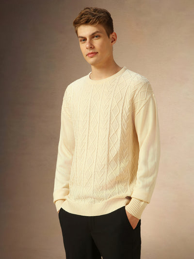 Men's Offwhite Solid Crew Neck Full Sleeves Sweater