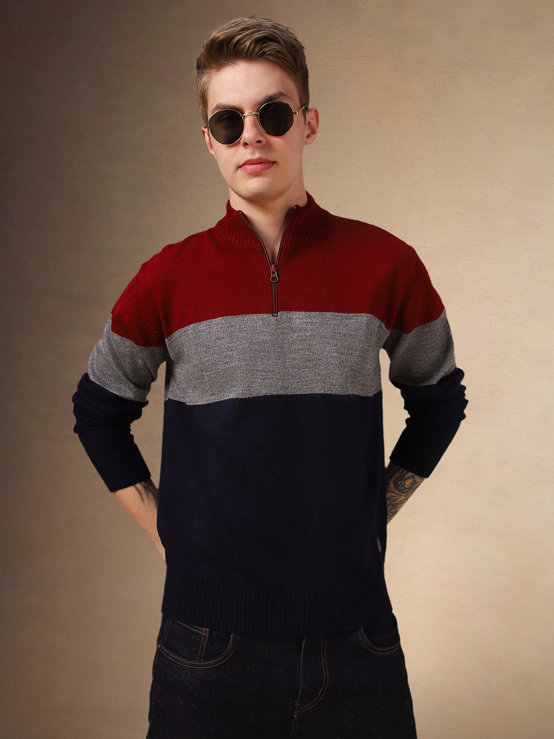 Men's Multi Color solid Mock Collar Full Sleeves Sweater