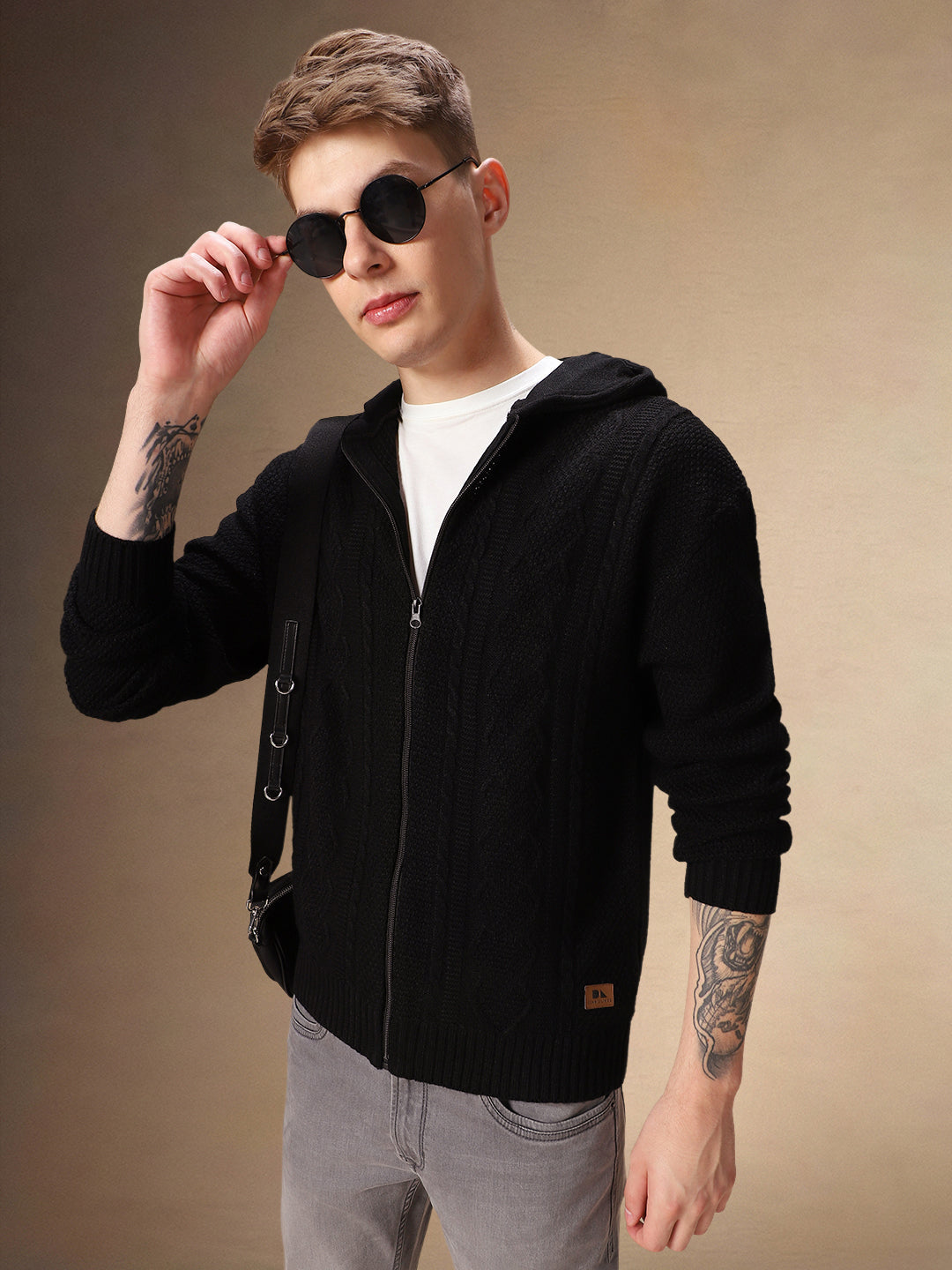 Men's Black Self Design Full Sleeves Hooded Cardigan Sweater