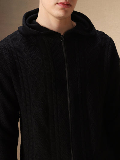 Men's Black Self Design Full Sleeves Hooded Cardigan Sweater