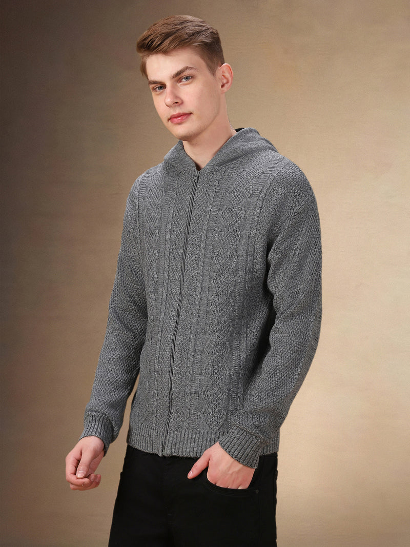 Men's Solid Hooded Full Sleeves Regular Fit Cardigan Sweater