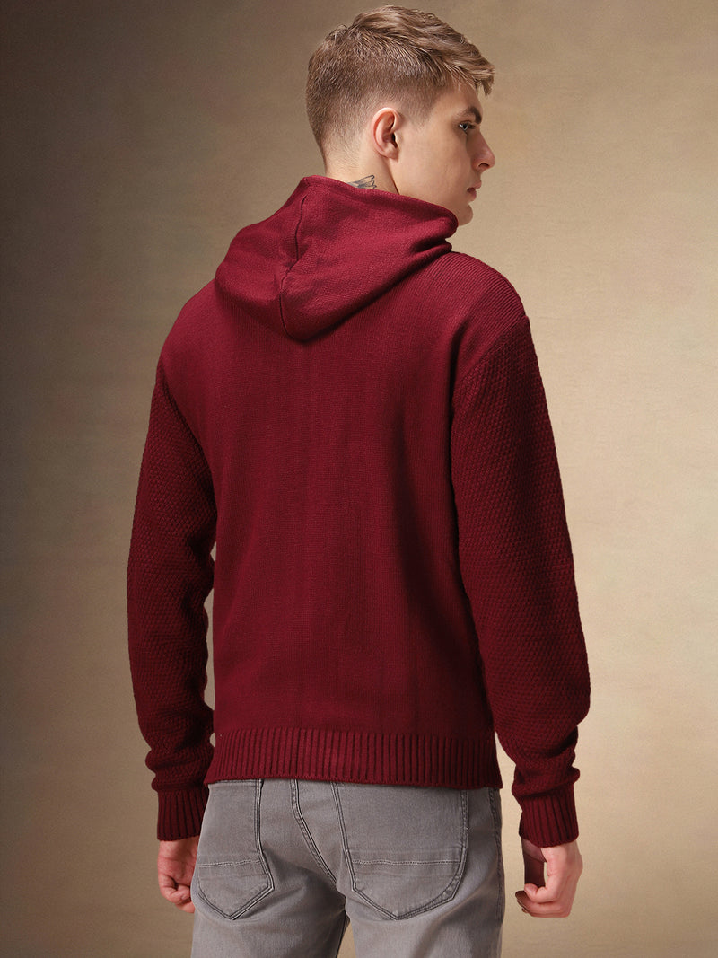 Men's Maroon Self Design Full Sleeves Hooded Cardigan Sweater