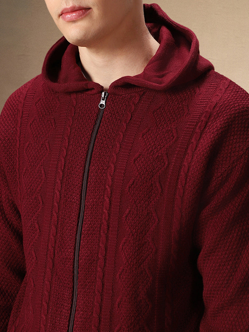 Men's Maroon Self Design Full Sleeves Hooded Cardigan Sweater