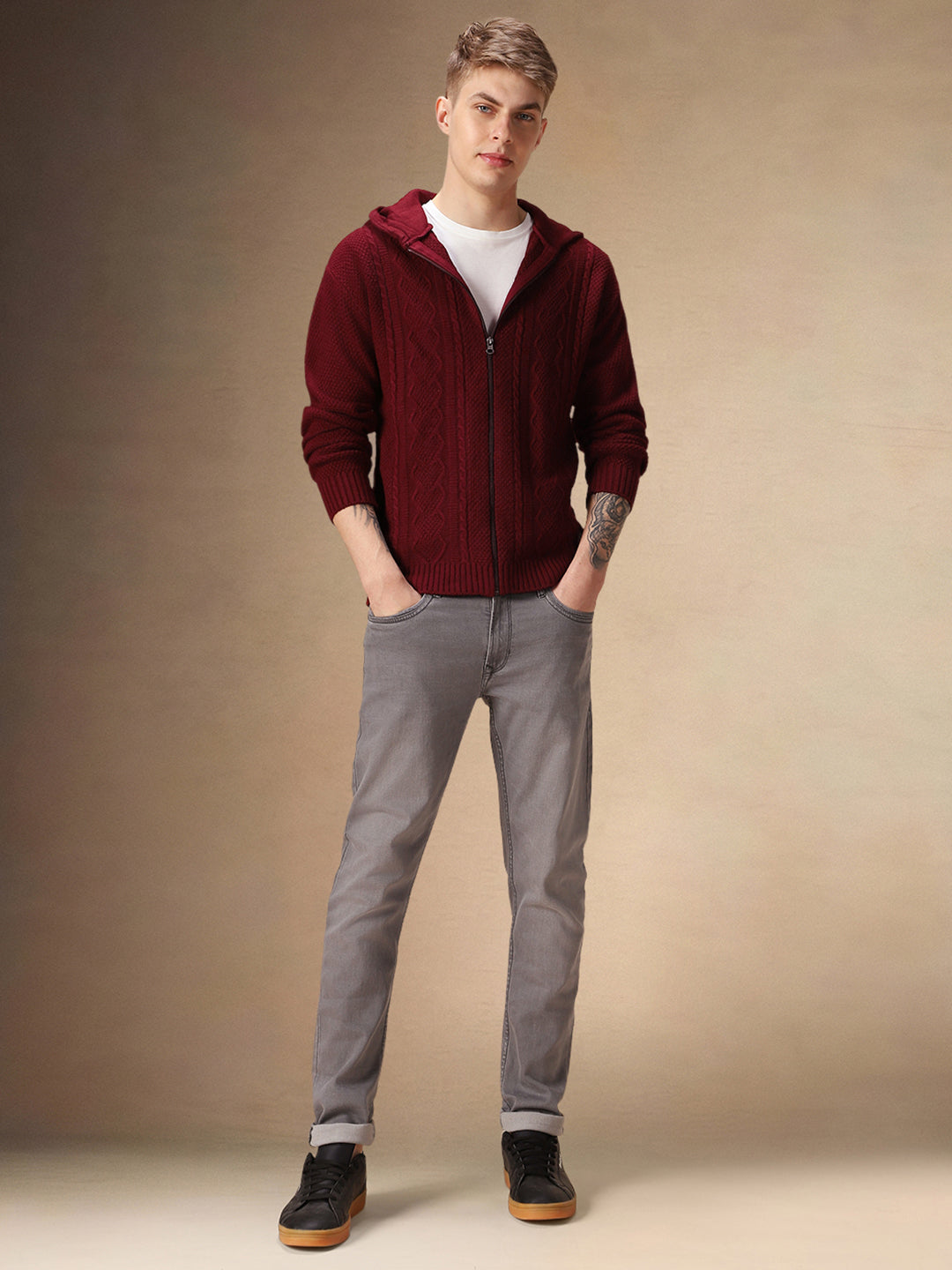 Men's Maroon Self Design Full Sleeves Hooded Cardigan Sweater