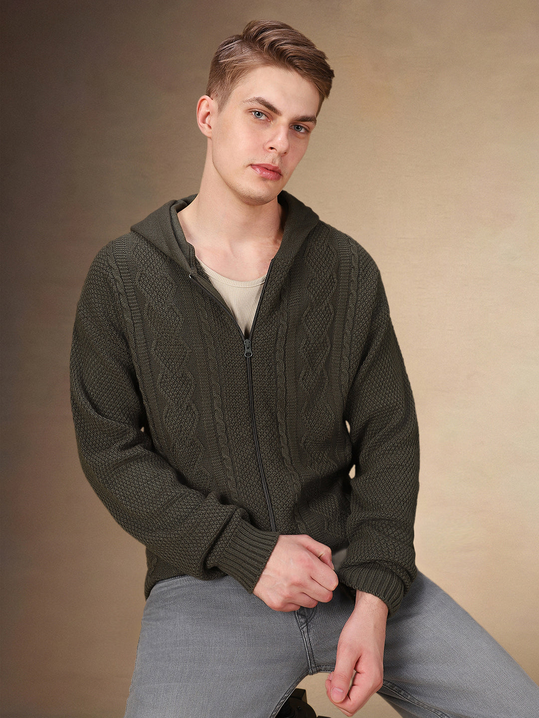 Men's Solid Hooded Full Sleeves Regular Fit Cardigan Sweater