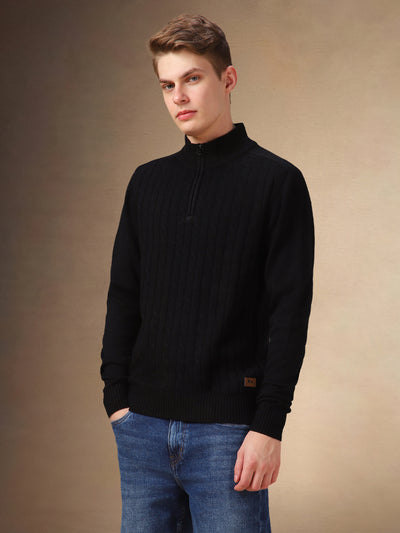 Men's Black Cable Knit Mock Neck Full Sleeves Pullover Sweater