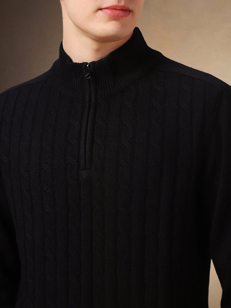 Men's Black Cable Knit Mock Neck Full Sleeves Pullover Sweater