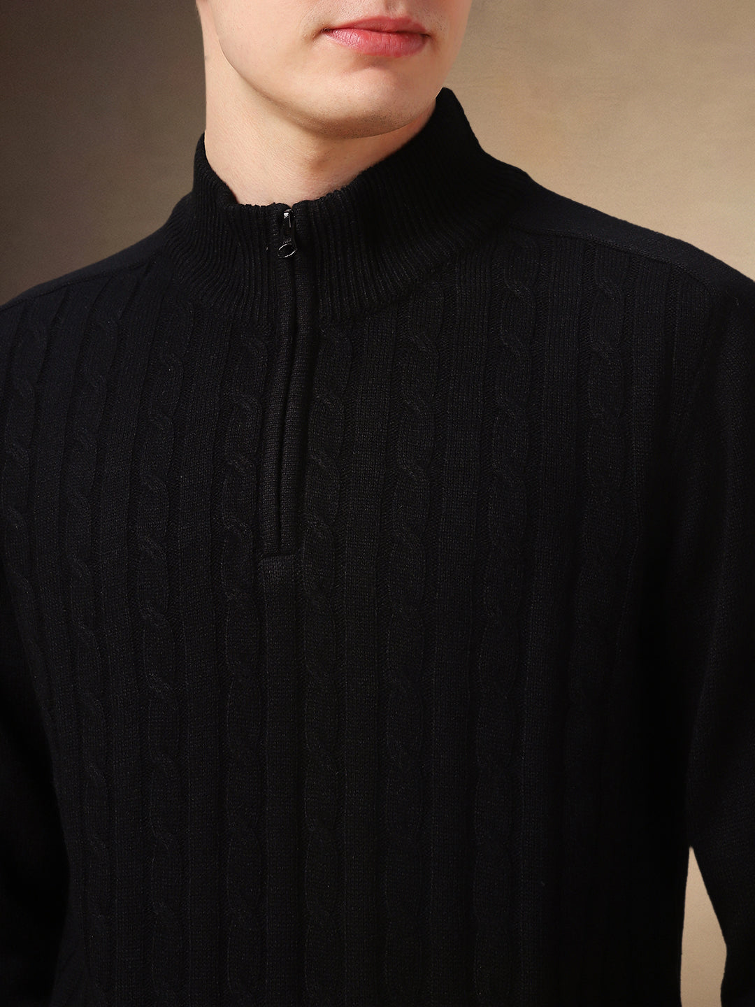 Men's Black Cable Knit Mock Neck Full Sleeves Pullover Sweater