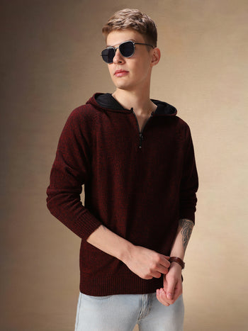 Men's Maroon Full Sleeves Hooded Pullover Sweater