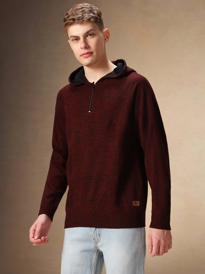 Men's Maroon Full Sleeves Hooded Pullover Sweater