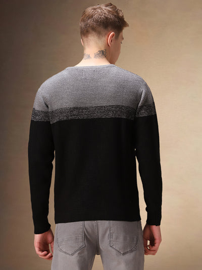 Men's Black Colorblock Round Neck Pullover Sweater