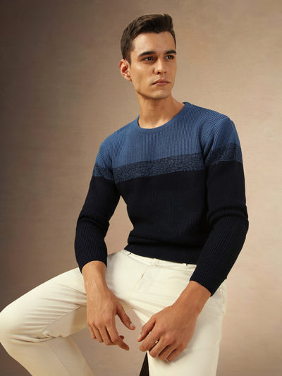 Men's Mid Blue Colorblock Round Neck Pullover Sweater