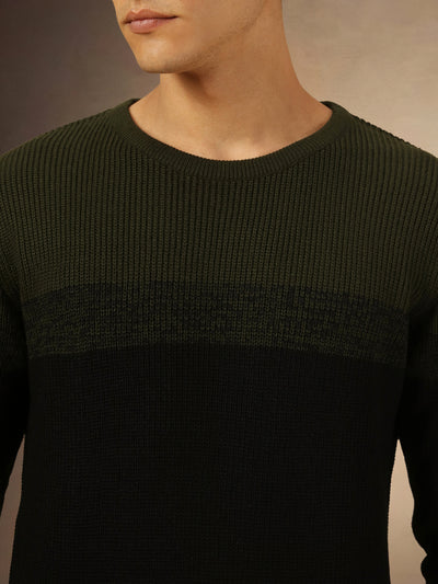 Men's Olive Colorblock Round Neck Full Sleeves Pullover Sweater