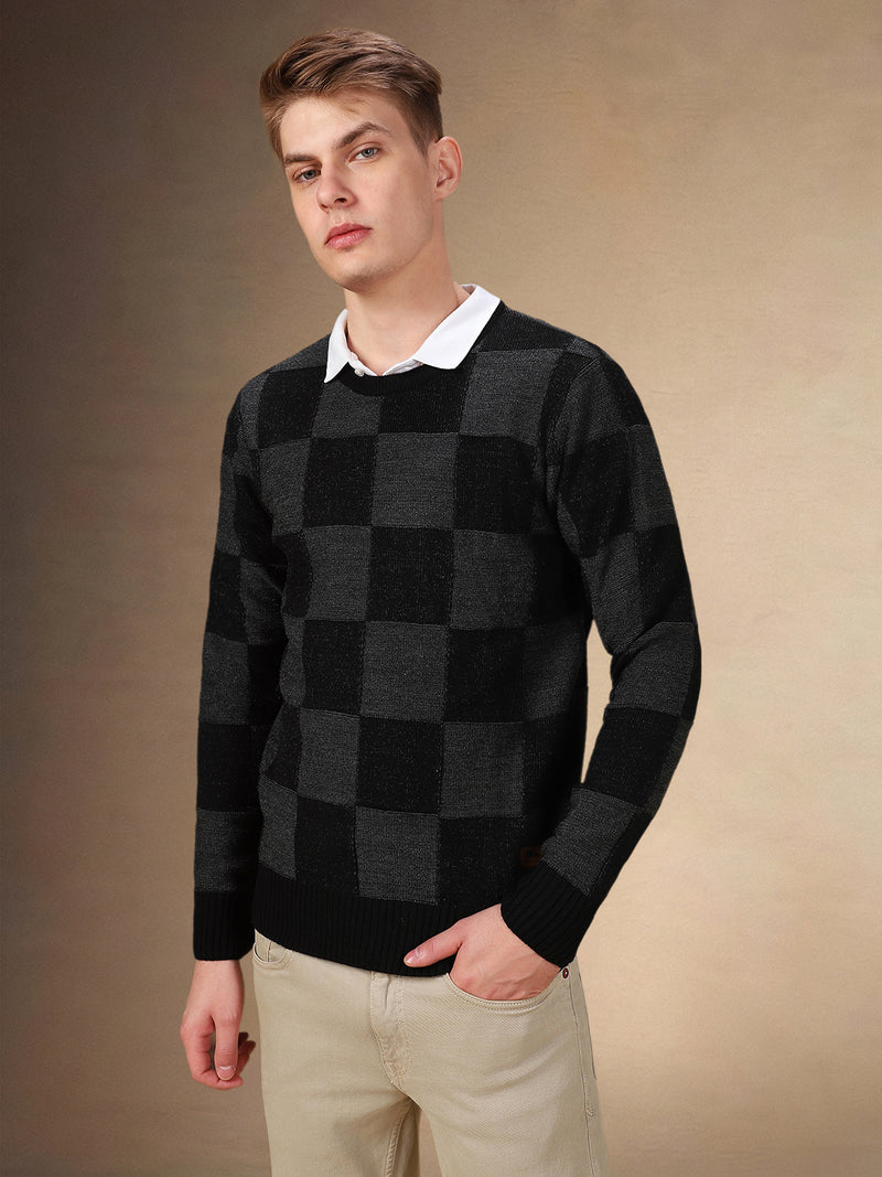 Men's Checks Round Neck Full Sleeves Regular Fit Sweater