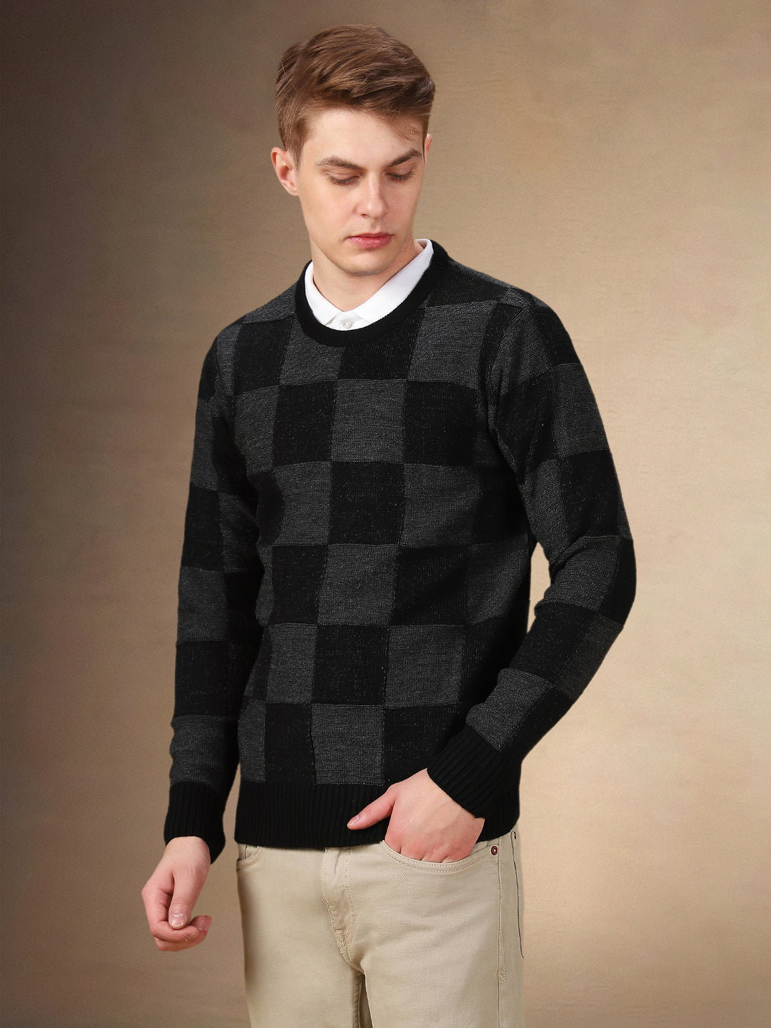 Men's Checks Round Neck Full Sleeves Regular Fit Sweater