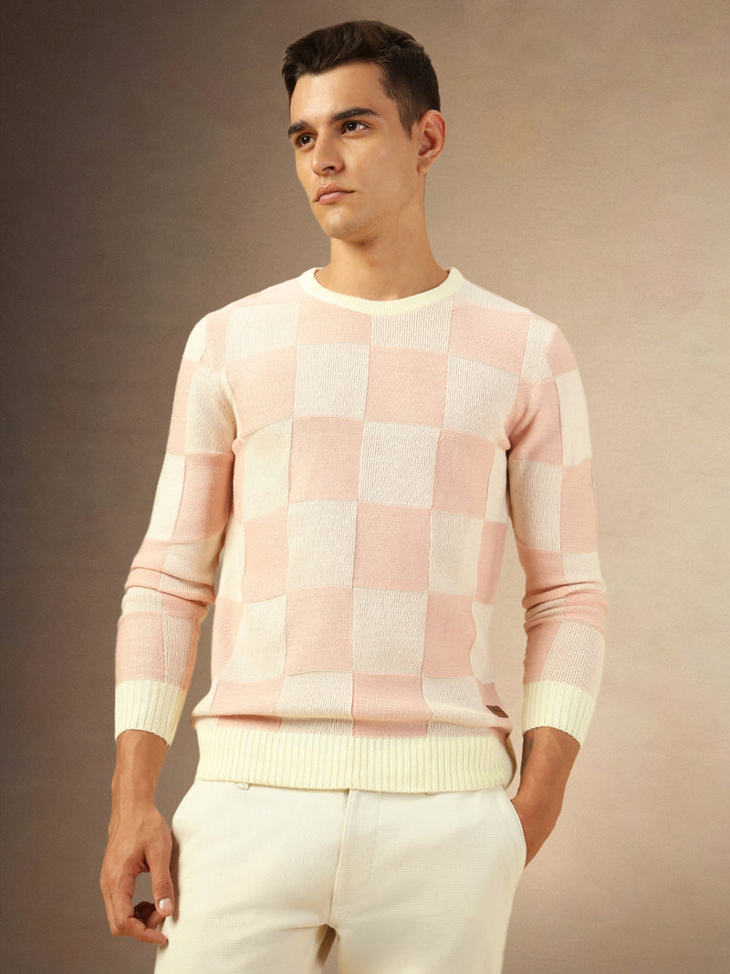 Men's Dusty Pink Crew Neck Checkered Pullover Sweater