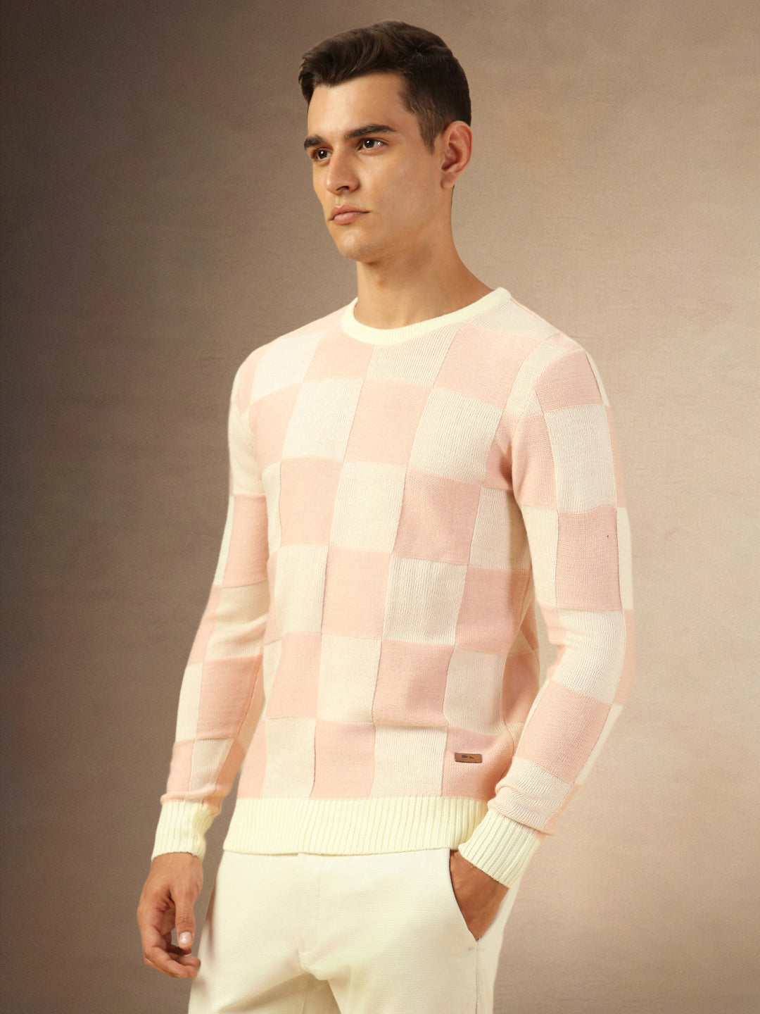 Men's Dusty Pink Crew Neck Checkered Pullover Sweater