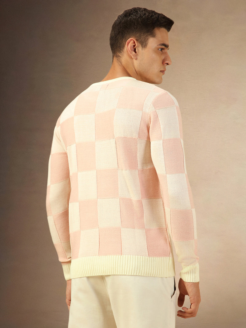 Men's Dusty Pink Crew Neck Checkered Pullover Sweater