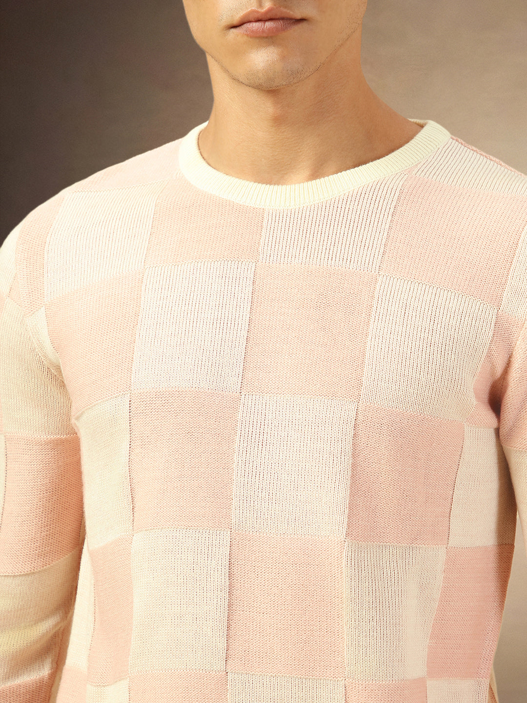 Men's Dusty Pink Crew Neck Checkered Pullover Sweater