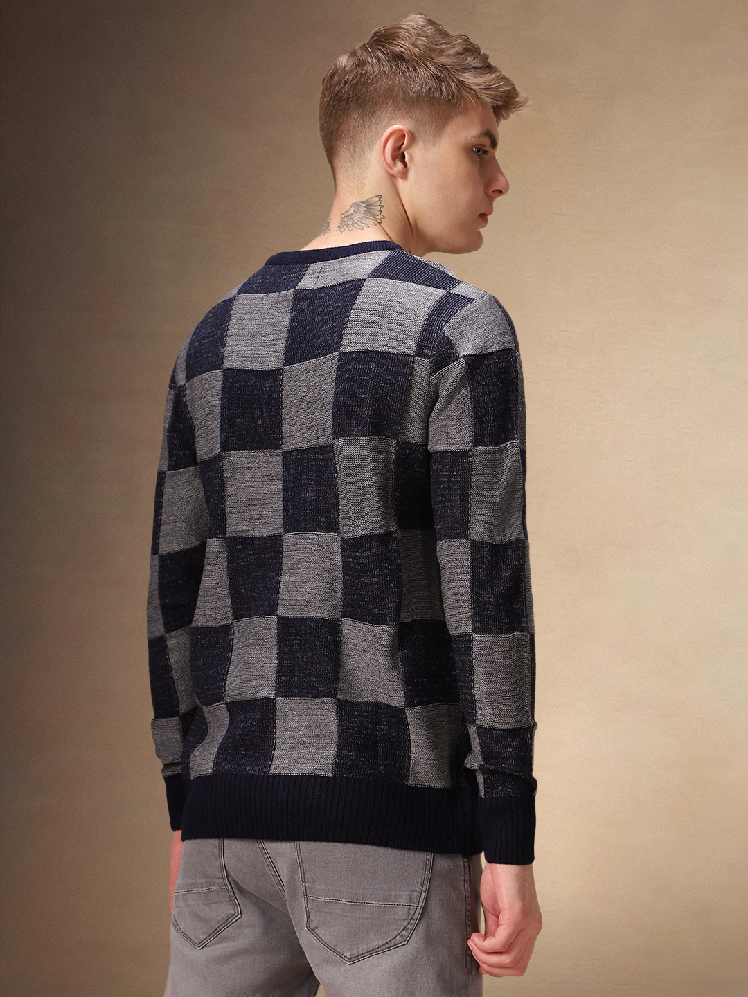 Men's Grey Crew Neck Checkered Pullover Sweater