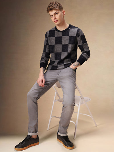 Men's Grey Crew Neck Checkered Pullover Sweater