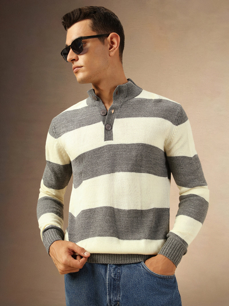 Men's Grey Striped Mock Neck Pullover Sweater